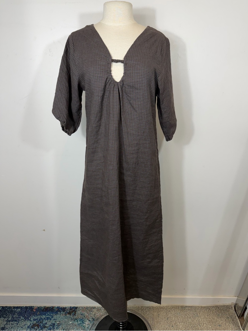 Deiji Studios Brown Check 100% Linen Maxi Dress XS Puff Sleeve Cutout